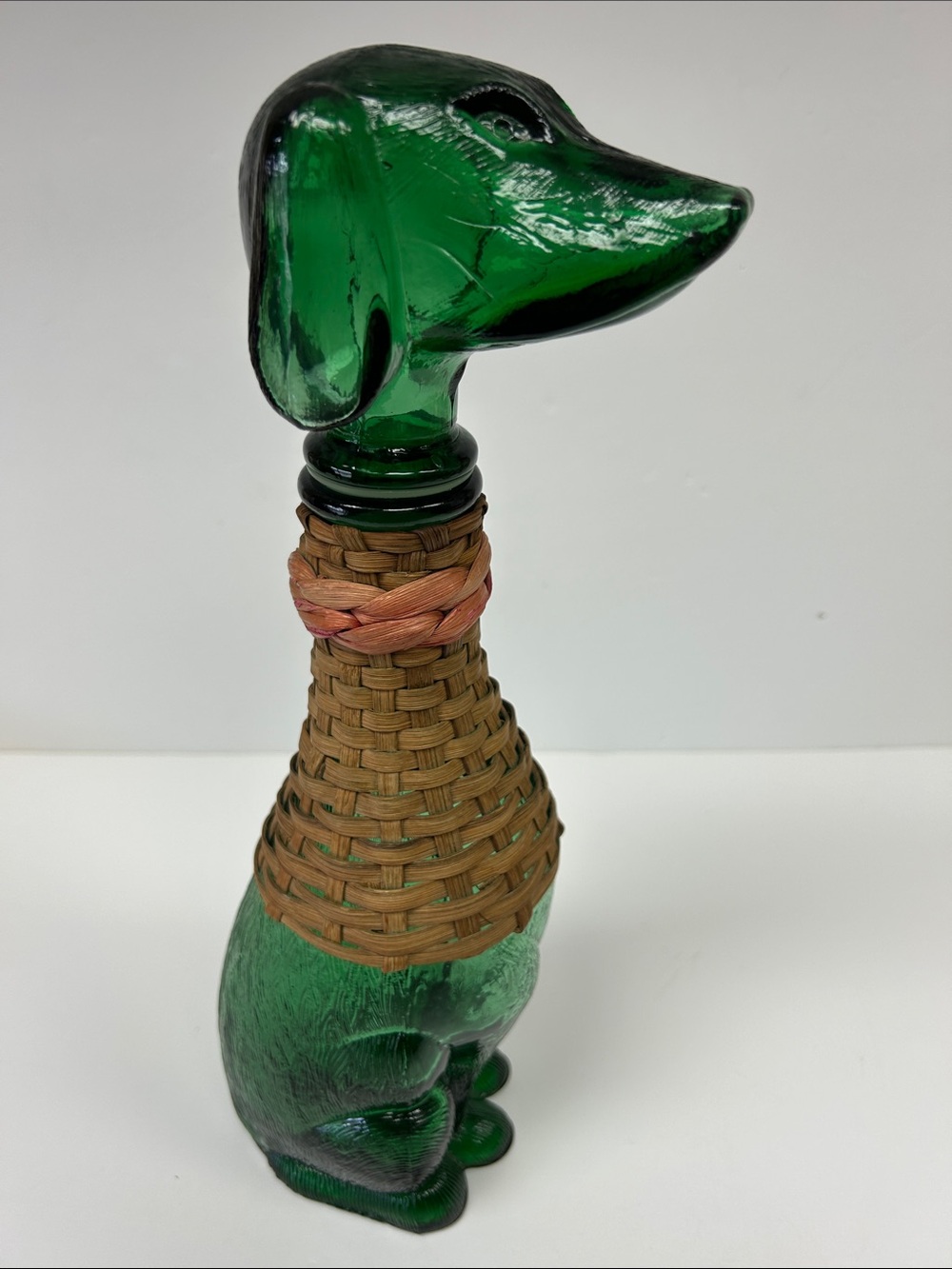 Vintage 1960’s emerald green glass  14” Italian Empoli Dachshund dog decanter